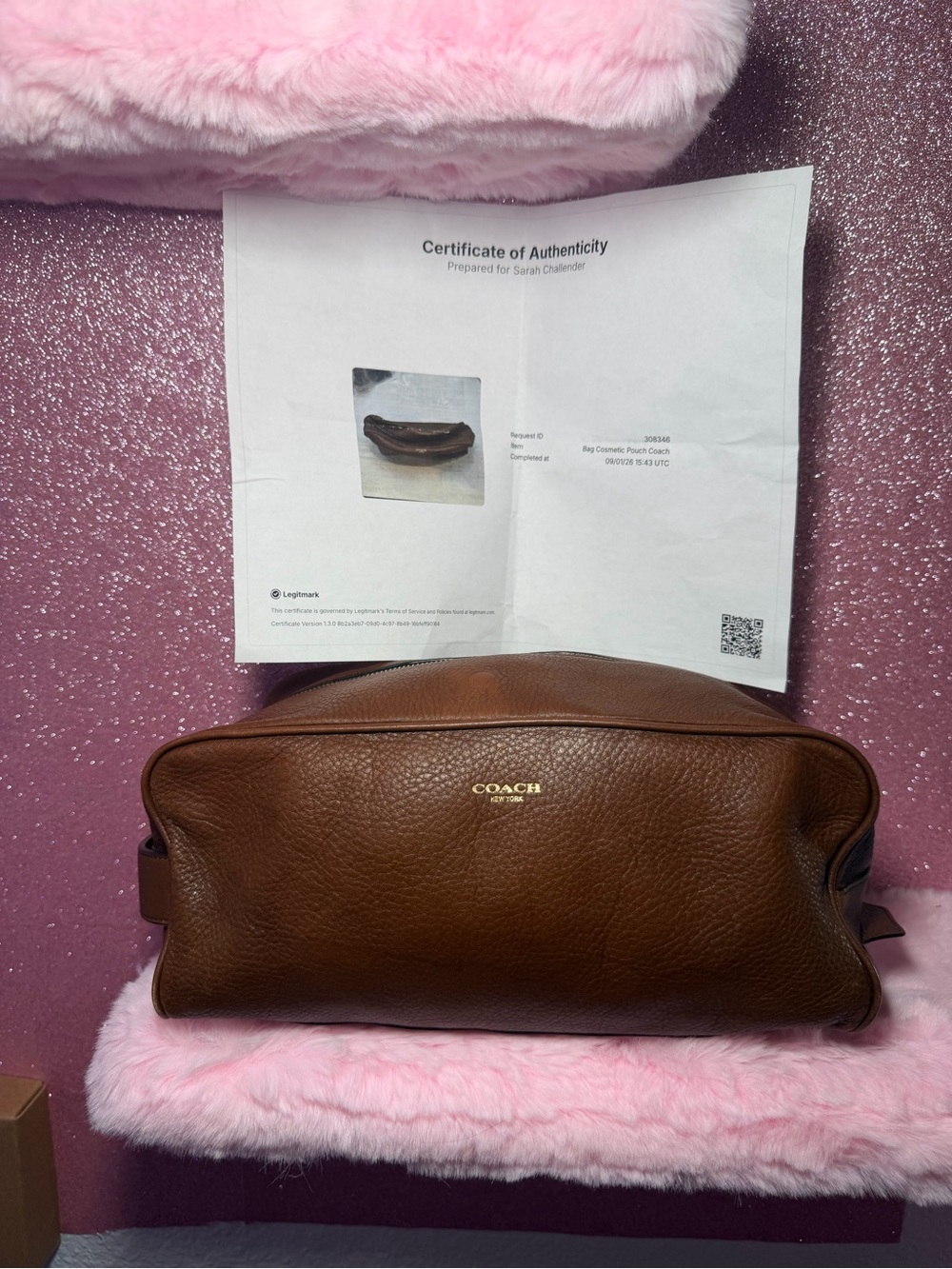 Coach Pebbled Leather Dopp Kit Travel Toiletry Bag Brown w/COA- INSIDE FLAW